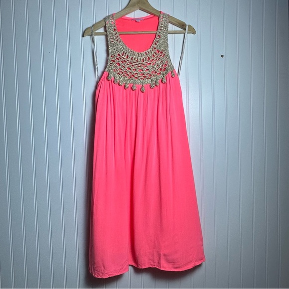Lilly Pulitzer Sleeveless Rachelle Swing Dress Crochet Metallic in Sun Ray Pink - Picture 2 of 11
